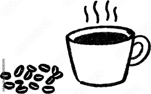 Hand drawn coffee mug with rising steam and coffee beans for cafe decor