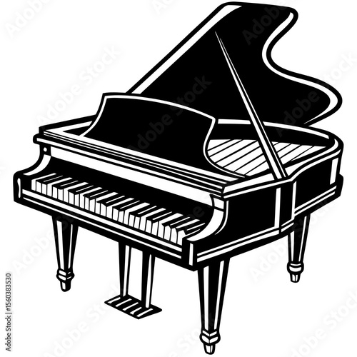 Grand piano, musical instrument doodle in black. Black and white piano music concept hand drawn doodle illustration