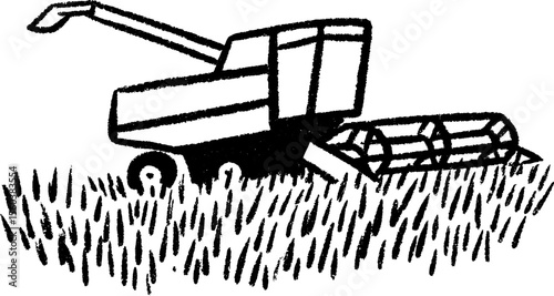Hand-drawn sketch of combine harvester in field - agriculture and farming scene