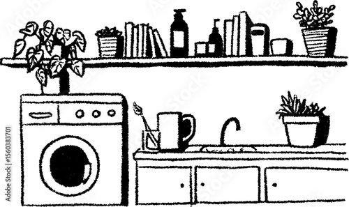 Compact laundry room design with shelves and appliances sketch
