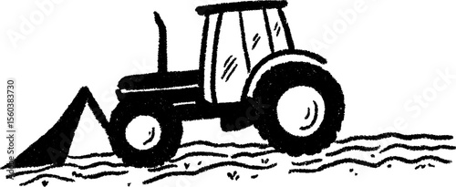Hand drawn sketch of a compact tractor on field soil for agricultural themes