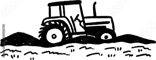 Rustic sketch of compact tractor on field soil for farm design concepts