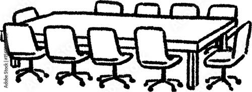 Hand drawn sketch of conference room with long table and chairs for design projects