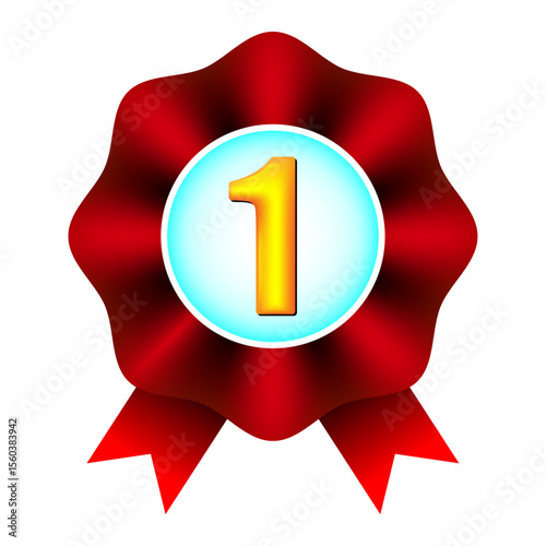 Glossy award badge featuring a golden number 1 in the center of a red ribbon rosette. Perfect for achievements, contest, first-place recognition, and certificate designs.