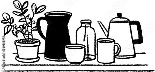 Cozy corner coffee station sketch with plants and mugs