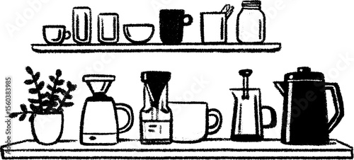 Hand sketch of corner coffee station in kitchen with various mugs and brewing equipment