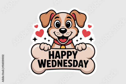 Cartoon dog with a Happy Wednesday bone for social media posts, greeting cards, calendars, and promotional materials for midweek cheer.