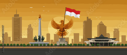 This vector image depicts the iconic Monas (National Monument) in Jakarta with a red bird soaring above, carrying the Indonesian flag.