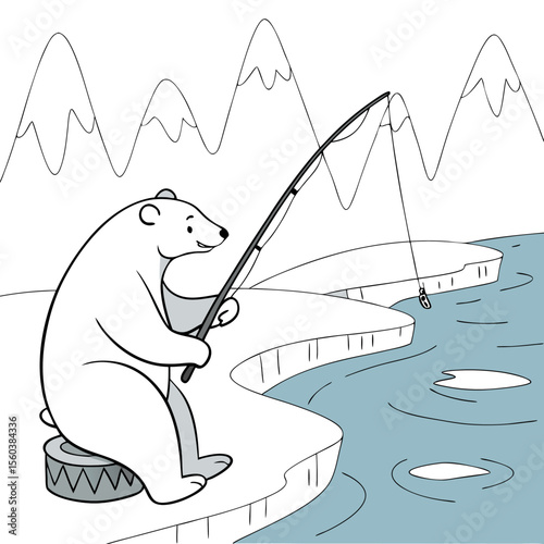 Polar bear sitting on a stump fishing with a rod in an arctic landscape with mountains in the background
