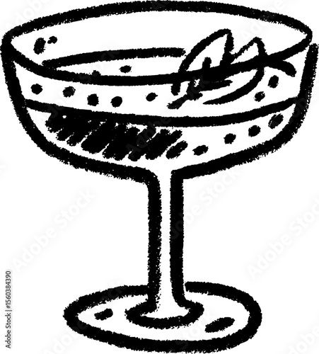 Hand-drawn sketch of cocktail in coupe glass with floating elements for beverage design