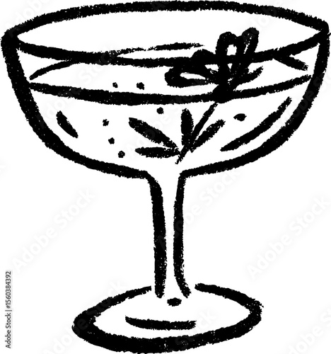 Artistic sketch of coupe glass with cocktail garnished with floating element