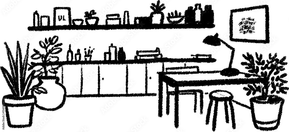 Fototapeta premium Hand drawn sketch of a creative craft room with open shelves and plants