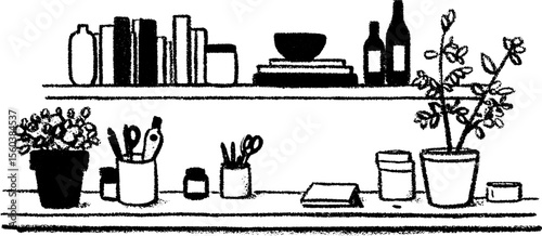 Creative craft room with open shelves and artistic supplies