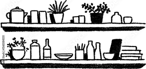 Creative craft room sketch with open shelves featuring decorative items