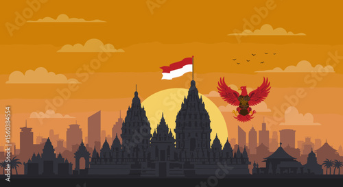 This vector image features a red bird flying over a silhouette of a temple complex with the Indonesian flag waving in the foreground.