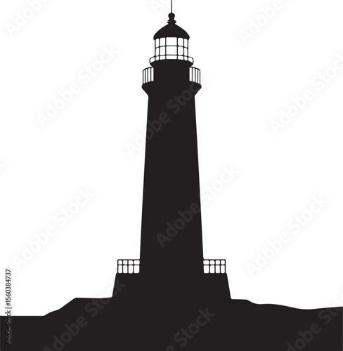 Tall lighthouse structure with a lantern room and walkway silhouette