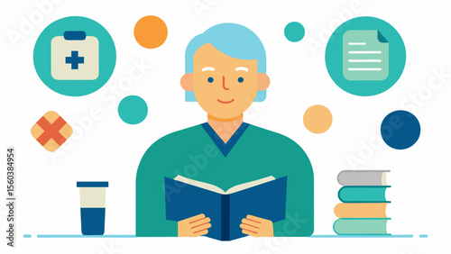 A caregiver learning about the different medications used to manage dementia symptoms and how to safely administer them to seniors.. Vector illustration