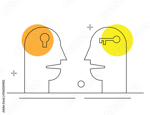 Two Abstract Heads Line Art with Lock and Key. People and intellectual work activity vector art, solutions in business