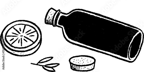 Artistic sketch of dark bottle with lemon wedge and cork - beverage concept design