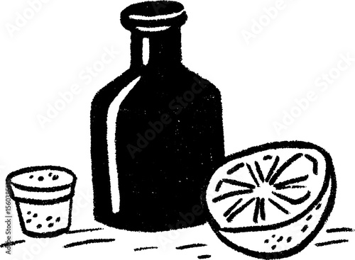 Hand drawn sketch of dark bottle with lemon wedge and cork texture