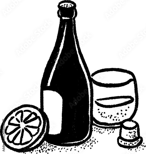Artistic still life sketch with dark bottle, lemon wedge, glass, and cork in textured style