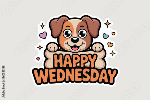 Cute cartoon dog wishing a happy Wednesday suitable for greeting cards, social media posts, educational materials, and petrelated content.