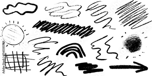 Hand drawn doodle collection with dashed clouds, wavy lines, and scribbles for creative design