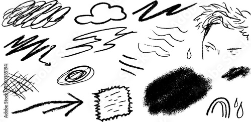 Artistic doodle collection with dashed cloud and wavy lines for creative projects