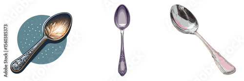 Set of three decorative spoons in modern style on transparent background 