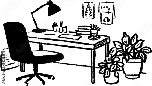 Designer's workspace sketch with large drawing and office desk elements