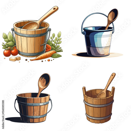 Set of wooden and metal buckets with spoons on transparent background  