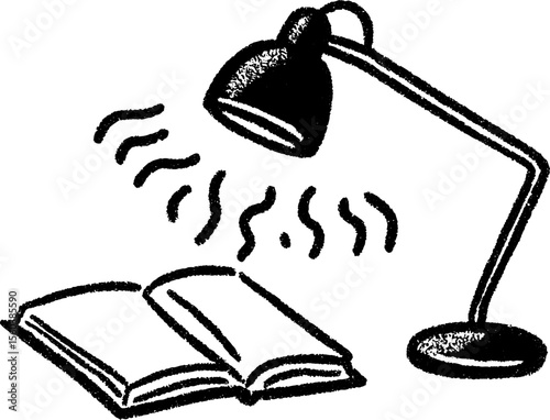 Artistic sketch of a desk lamp illuminating an open textbook for study theme