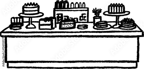 Hand drawn sketch of dessert bar with cakes and counter display