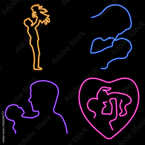 father's day neon icon group, vector illustration on black background.