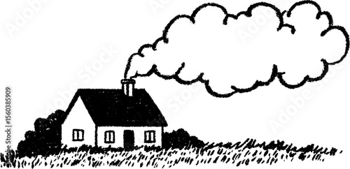 Serene sketch of distant cottage with rising smoke for tranquil home designs