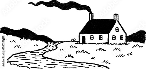 Serene cottage with smoke rising in tranquil landscape sketch for rustic design