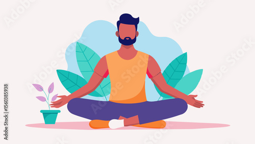 During a yoga class the man focuses on being present in the moment and listening to his body learning to respect its limits and take care of it through exercise.. Vector illustration