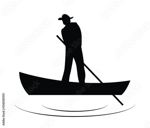 Man Rowing a Boat Silhouette Isolated on White. People and marine water activities on the lake or river