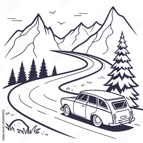 Classic car driving along winding road with mountainous landscape illustration