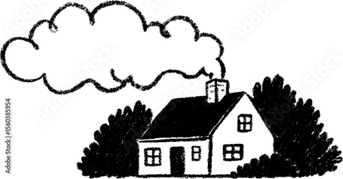 Serene cottage with smoke against a cloudy sky, perfect for rustic design themes
