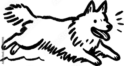 Energetic sketch of a playful dog running with tongue out in bold black lines