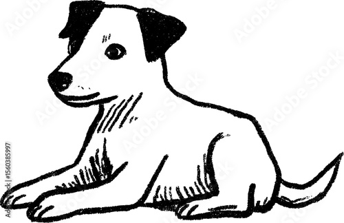 Black and white sketch of sitting dog with raised ear for artistic design