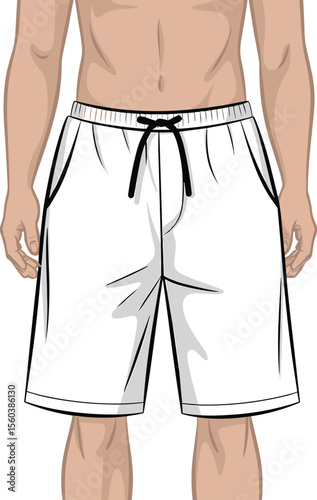 CAD drawing flat vector illustration of men's white shorts, front view, drawstring waist, comfortable fit, pocket detail, casual style, summer fashion, apparel template