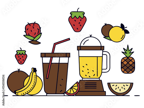 Colorful vector illustration of a fresh smoothie with fruits and a blender