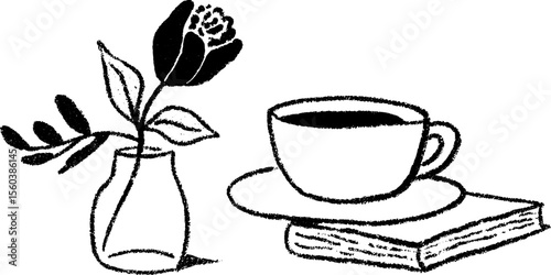 Artistic sketch of a dried rose, teacup, and journal for creative inspiration