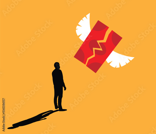 Silhouette of Business Man Watching a Torn Dollar Falling Apart. Currency trading and financial crisis vector art