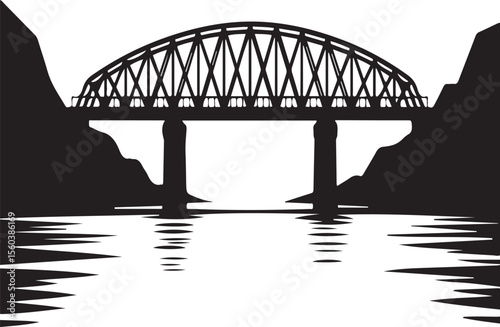 Black silhouette of a truss bridge spanning over water with reflections