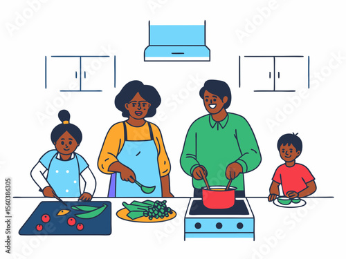 Family cooking together preparing healthy food in a modern kitchen illustration