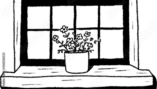 Black and white sketch of farmhouse kitchen window with flower pot