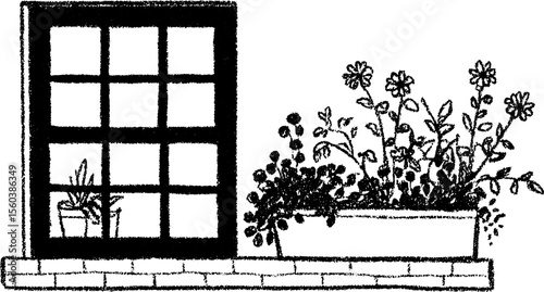 Charming farmhouse kitchen window with flower boxes in rustic sketch style